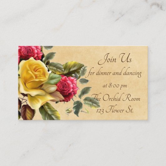 Vintage Rot- und Gelbrosen Empfang Begleitkarte (Vorderseite)