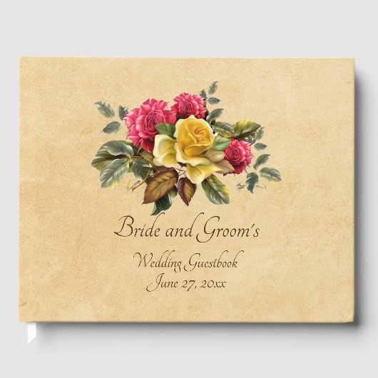 Vintage Rot- und Gelbrosenhochzeit Gästebuch (Vorderseite)