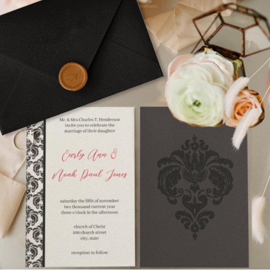 Vintage Rot- und Schwarzdamasehe Einladung