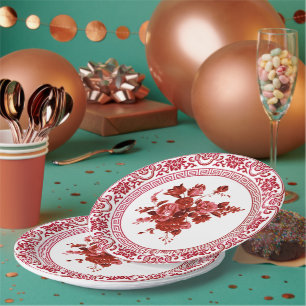 Vintage Rot- und Weißblumen Pappteller