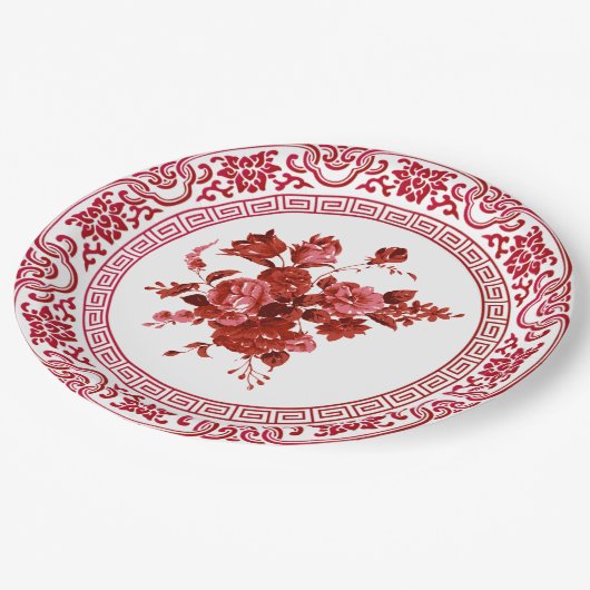 Vintage Rot- und Weißblumen Pappteller (Schrägansicht)