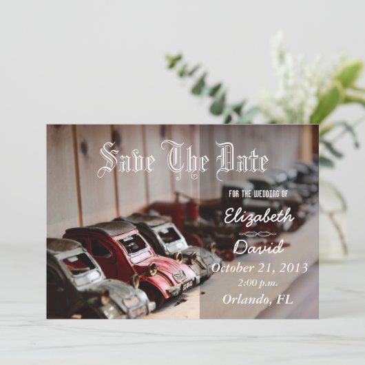 Vintage rote Autos Save the Date (Stehend Vorderseite)