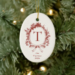 Vintage Rote Botanische Monogramm Keramik Ornament<br><div class="desc">Vintager botanischer Monogramm-Rahmen in Rot und Weich beige,  Ziergegenstände.</div>