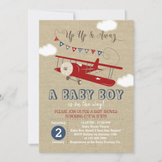 Vintage rote Einladung zur Babyparty mit Flugzeugm
