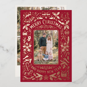 Vintage rote florale Familienfoto-Weihnachten Folien Feiertagskarte