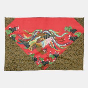 Vintage Rote Japanische Phönix-Vogel-Kunst G.A. Au Geschirrtuch
