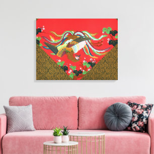 Vintage Rote Japanische Phönix-Vogel-Kunst G.A. Au Leinwanddruck