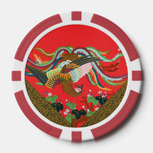 Vintage Rote Japanische Phönix-Vogel-Kunst G.A. Au Pokerchips