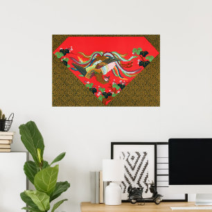 Vintage Rote Japanische Phönix-Vogel-Kunst G.A. Au Poster