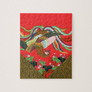 Vintage Rote Japanische Phönix-Vogel-Kunst G.A. Au Puzzle