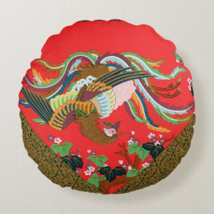 Vintage Rote Japanische Phönix-Vogel-Kunst G.A. Au Rundes Kissen