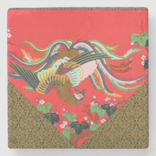 Vintage Rote Japanische Phönix-Vogel-Kunst G.A. Au Steinuntersetzer