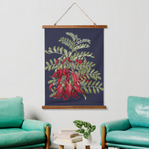 Vintage Rote Kaka-Schnabel-Blume Botanische Kunst Wandteppich Mit Holzrahmen
