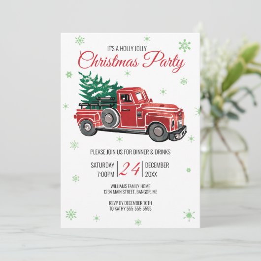 Vintage rote LKW-Stechpalmen-lustiges Einladung (Stehend Vorderseite)