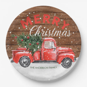Vintage rote LKW-Weihnachtspapierplatten Pappteller