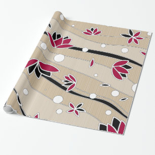 Vintage rote Lotusblumen auf beigen Streifen Geschenkpapier