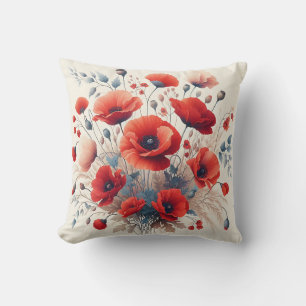 Vintage rote Mohnblumen Botanische Kunst Kissen