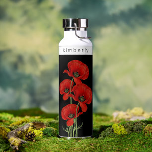 Vintage rote Mohnblumen floral mit Namen Trinkflasche