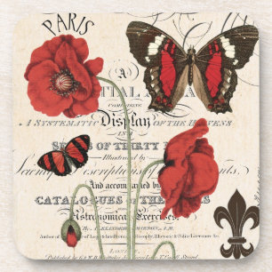 Vintage rote Mohnblumen und Schmetterlinge...Unter Getränkeuntersetzer
