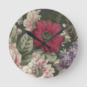 Vintage rote pink blaue weiße Blumenmalerei Runde Wanduhr