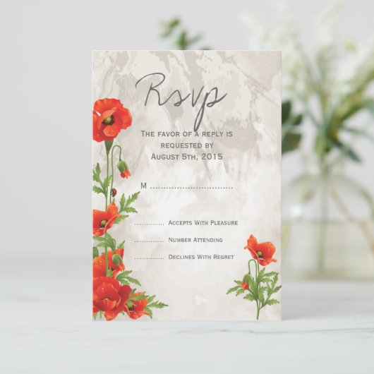 VINTAGE ROTE POPPIES WEDD RSVP (Stehend Vorderseite)