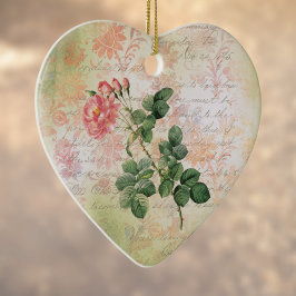 Vintage Rote Rose auf rosa Damaske mit Handschrift Keramik Ornament