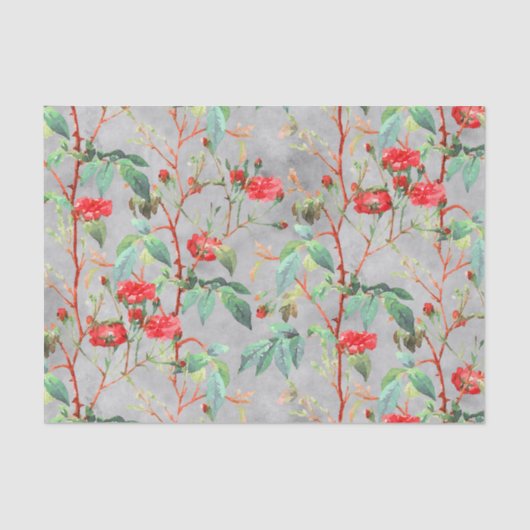 Vintage Rote Rose Blumengarten auf Grau Seidenpapier (Vorderseite)