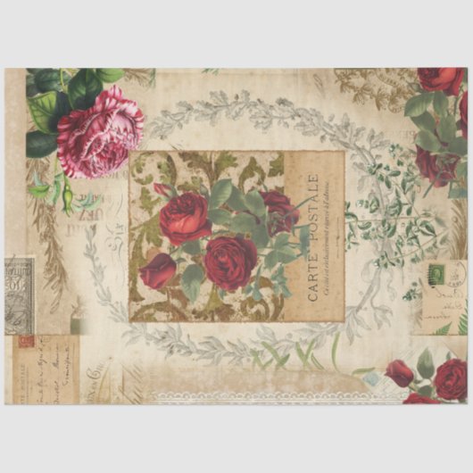 Vintage Rote Rose Blumenschrift Ephemera Decoupage Seidenpapier (Vorderseite)
