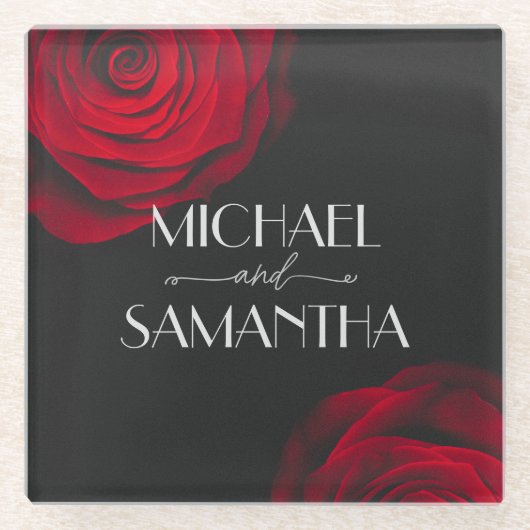 Vintage rote Rose Blütenhochzeit Glasuntersetzer (Vorderseite)