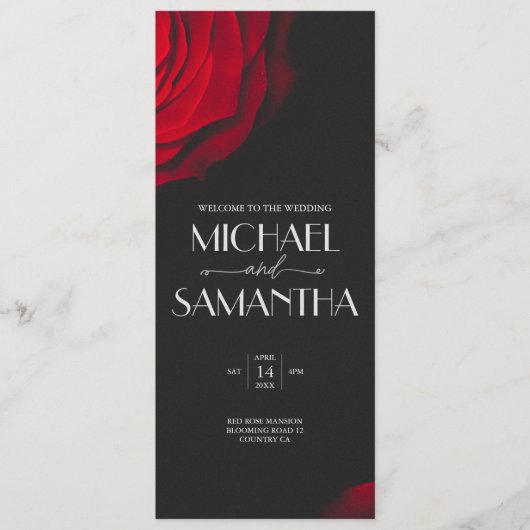 Vintage rote Rose Blütenhochzeit Menükarte (Vorderseite)