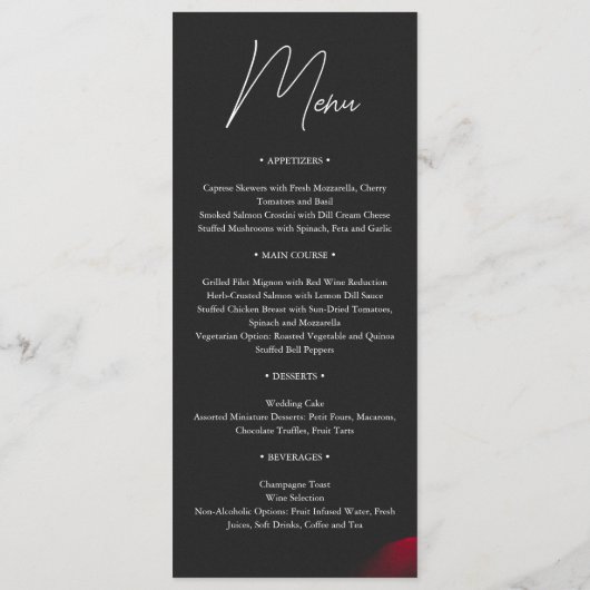 Vintage rote Rose Blütenhochzeit Menükarte (Rückseite)