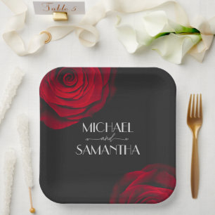 Vintage rote Rose Blütenhochzeit Pappteller