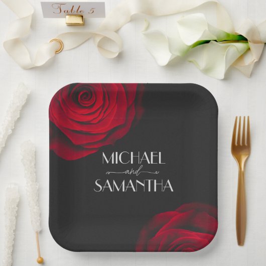 Vintage rote Rose Blütenhochzeit Pappteller (Hochzeit)