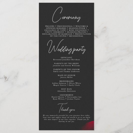 Vintage rote Rose Blütenhochzeit Programm (Rückseite)