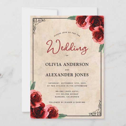 Vintage Rote Rose Einladung (Vorderseite)