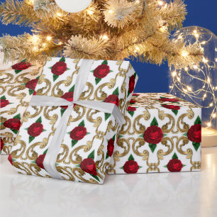 Vintage Rote Rose Gold-Muster Geschenkpapier
