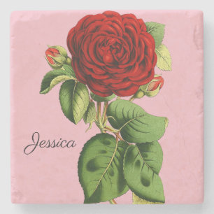 Vintage Rote Rose mit Ihrem Namen Steinuntersetzer