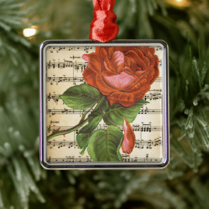Vintage rote Rose & Musik Silbernes Ornament