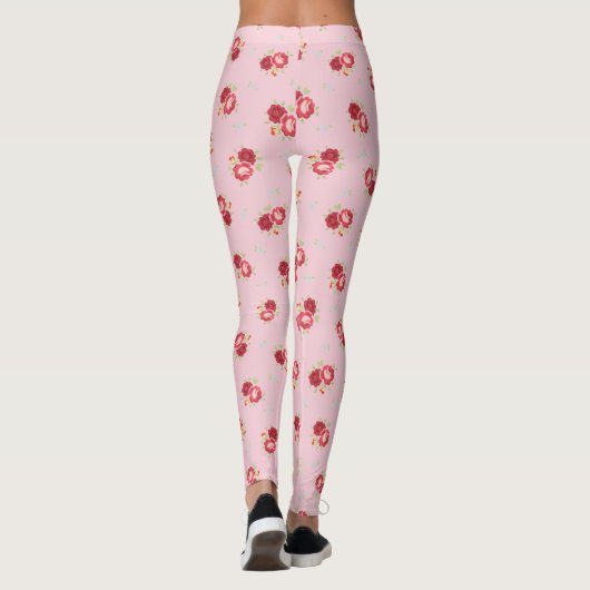 Vintage Rote Rose Muster Pink Leggings (Rückseite)