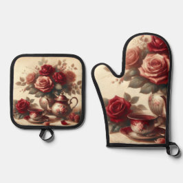 Vintage Rote Rose Ofenhandschuh & Topflappen-Set
