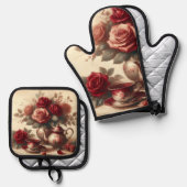 Vintage Rote Rose Ofenhandschuh & Topflappen-Set (Vorderseite/Rückseite)