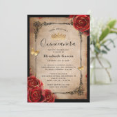 Vintage Rote Rose Schwarzes Gold Einladung (Stehend Vorderseite)