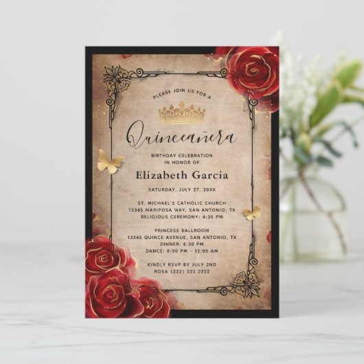 Vintage Rote Rose Schwarzes Gold Einladung (Stehend Vorderseite)