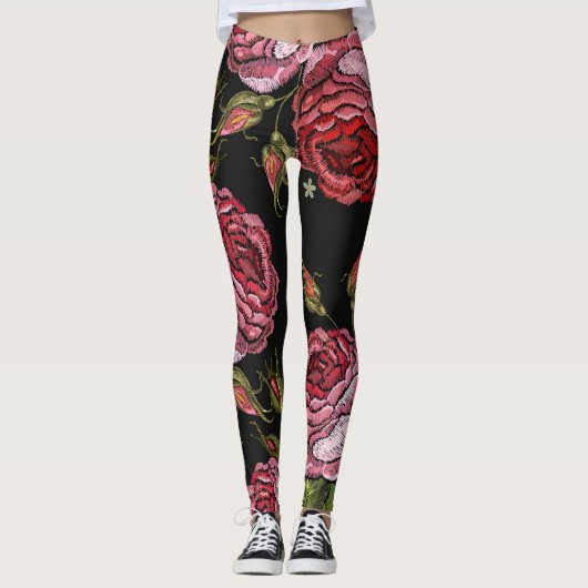 Vintage Rote Rose Stickereimuster Leggings (Vorderseite)