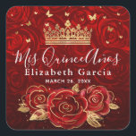 Vintage Rote Rose und Gold-Elegante-Vorlage Quadratischer Aufkleber<br><div class="desc">Möchten Sie Ihren Gast-Favoriten oder Schreibwaren extra besondere machen? Erstellen Sie Ihre eigenen personalisiert eleganten Vorlagenaufkleber auf einem leicht zu bedienenden DIY-Template, das perfekt für eine Geburtstagsfeier mit rotem und goldenem Thema, eine Königliche Hochzeit oder andere besondere Feiern geeignet ist. Die wunderschöne, einzigartige Blumenkunst von Raphaela Wilson besticht durch Vintage...</div>