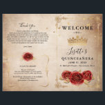 Vintage Rote Rose und Gold-Quinceanera-Programm<br><div class="desc">Erstellen Sie Ihre eigenen schönen roten und goldenen Quinceanera-Programme auf einem Pergament Papier DIY-Vorlage, die leicht zu personalisieren ist. Das Vintage Blumendesign von Raphaela Wilson besticht durch bordeauxrote rote Rosen, die in einem hübschen Imitat aus metallischem Gold, einer königlichen Prinzessin Kronen/Tiara, funkelnden Glitzer-Schmetterling-Konfetti und luxuriöse filigrane Ränder hervorgehoben sind. Die...</div>