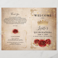 Vintage Rote Rose und Gold-Quinceanera-Programm