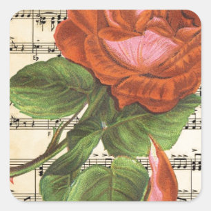 Vintage Rote Rose und Musik Quadratischer Aufkleber