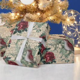 Vintage Rote Rosen Birds Newspringen Weihnachten Geschenkpapier