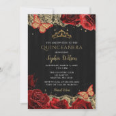 Vintage Rote Rosen Black Gold Lace Quinceñera Einladung (Vorderseite)